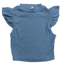 Modrošedé rebrované crop tričko s volánikmi a stojačikom Shein