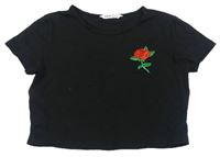 Čierne crop tričko s růží Shein