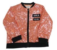 Růžovo-černý flitrový jarní bomber s nápisom