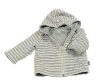 Šedo-bílá pruhovaná sametová propínací zateplená mikina s kapucí 