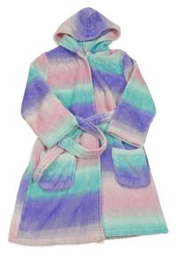 Růžovo-modro-fialový plyšový župan s kapucí 