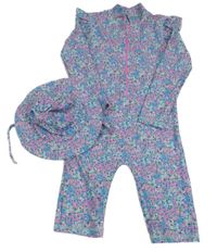 2set - Světlemodro-fialový květovaný UV overal s volánky + UV klobouk Dunnes Stores