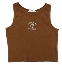 Hnědý žebrovaný crop top s palmami C&A