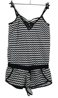 Dámský černo-bílý vzorovaný letní overal se zkříženým výstřihem 