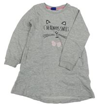 Svetlosivé teplákové šaty s mačkou a nápisom Lupilu