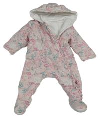 Světlerůžová květovaná tepláková zateplená kombinéza s kapucí Miniclub