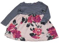 Tmavomodro-ružovo-biele pruhované šaty s květovanou sukní Joules