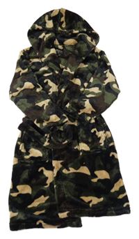 Kaki-béžovo-čierny army chlpatý župan s kapucňou