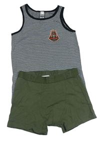 2set - Pruhovaný nátělník s potiskem + khaki trenírky