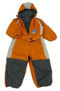 Oranžovo-sivo-béžová šušťáková zimná kombinéza s opaskom a kapucňou
