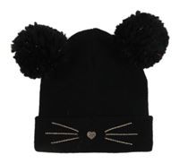 Černá pletená čepice s kočkou a bambulkami Matalan