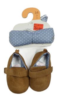 Nové - 2set - Béžové semišové capáčky vel. 17 + modrý šátek Primark