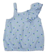 Modro-biely kockovaný kvetovaný crop top s volánikmi LC Waikiki