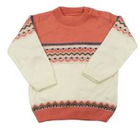 Bielo-korálový pletený sveter so vzorom