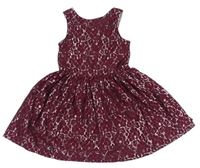 Tmavovínovo-strieborné čipkové slávnostné šaty s kvietkami M&S