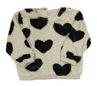 Smetanovo-čierna kožušinová podšitá mikina so srdiečkami zn. Nutmeg