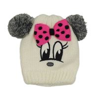 Smetanová pletená čepice s Minnie a mašlí a bambulemi