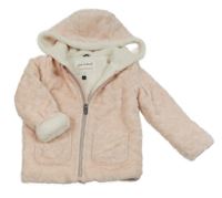 Svetloružová plyšová zateplená bunda so srdiečkami a kapucňou C&A