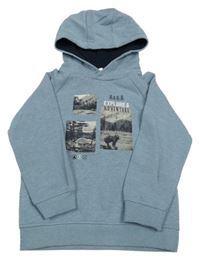 Modrá melírovaná mikina s medvedíkom a stromami a kapucňou Topolino