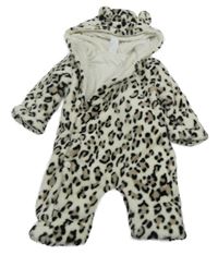 Smetanovo-světlehnědo-čierna vzorovaná plyšová zateplená kombinéza s kapucňou s uškami C&A