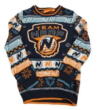 Tmavomodro-modrošedo-oranžový vzorovaný sveter s logy NERF