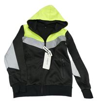 Nové - černo-šedo/metalicko-neonově zelená thermo propínací mikina s kapucí DIAMOND