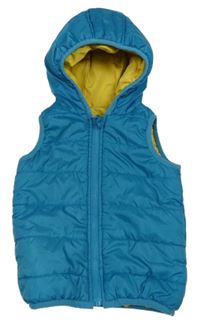 Modrozelená prošívaná šusťáková zateplená oboustranná vesta s kapucí in extenso