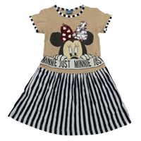 Světlehnědo-bielo-čierne šaty s Minnie s překlápěcími flitre a pruhmi Disney