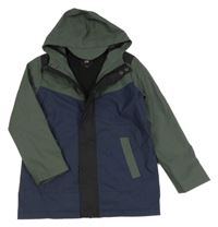 Tmavomodro-khaki-černá koženková nepromokavá podzimní bunda s nápisy a kapucí RIVER ISLAND