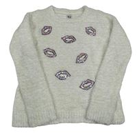 Biely chlpatý sveter s ústy z flitrů C&A