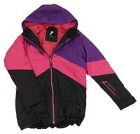Fialovo-fuchsiovo-čierna šušťáková lyžiarska bunda s kapucňou