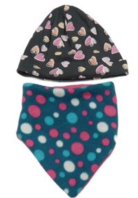 2set - Antracitová žebrovaná čepice se srdíčky + petrolejový puntíkatý fleecový šátek