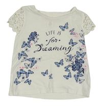 Biele tričko s motýly a čipkovymi rukávy H&M