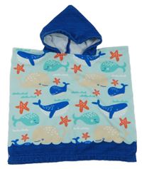 Světlemodro-modré osuškové pončo s velrybami a kapucňou