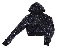 Zeleno-fialová flitrová podšitá prepínaci crop mikina s kapucňou H&M