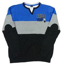 Modro-sivo-čierny ľahký sveter s nápisom Y.F.K.