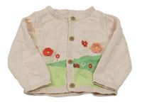 Světelrůžovo-zelený propínací svetr s květinami Nutmeg