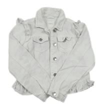 Bílo-světlerůžová propínací crop riflová bunda s volánky Next