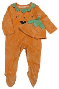 Nové - 2 set - oranžový sametový overal - dýně + čepice F&F