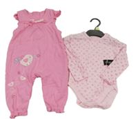 Nové - 2 set - ružové body so srdíčky + ružový overal s vtáčikom dunnes