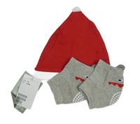 Nové - 2 set - červeno-bílá čepice + šedé protiskluzové návleky 