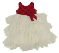 Rubínovo-bílé tylové slavnostní šaty s mašlí a páskem 