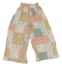 Bielo-ružovo-béžovo-zelené kvetované patchworkové trblietavé culottes nohavice LC Waikiki