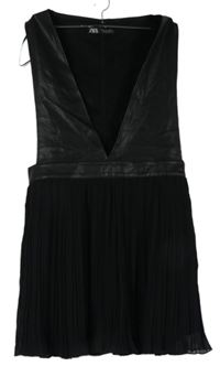 Dámské černé koženkovo/šifonové šaty s plisovanou sukní Zara 