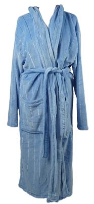 Dámský světlemodrý proužkovaný chlupatý župan s páskem 