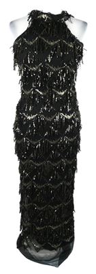 Dámské černé tylové společenské dlouhé šaty s třásněmi 