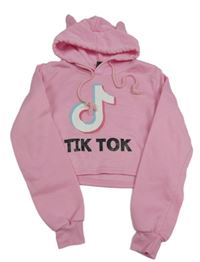 Růžová crop mikina Tik tok a kapucňou