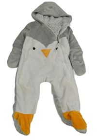 Sivo-biela plyšová podšitá kombinéza s kapucí - tučňák Primark