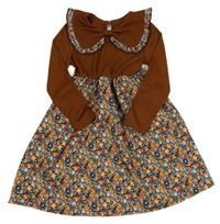 Rezavé žebrované šaty s květovanou sukní 