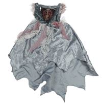 Kostým - Stříbrné sametovo/saténové šaty s lebkou a krajkou George 